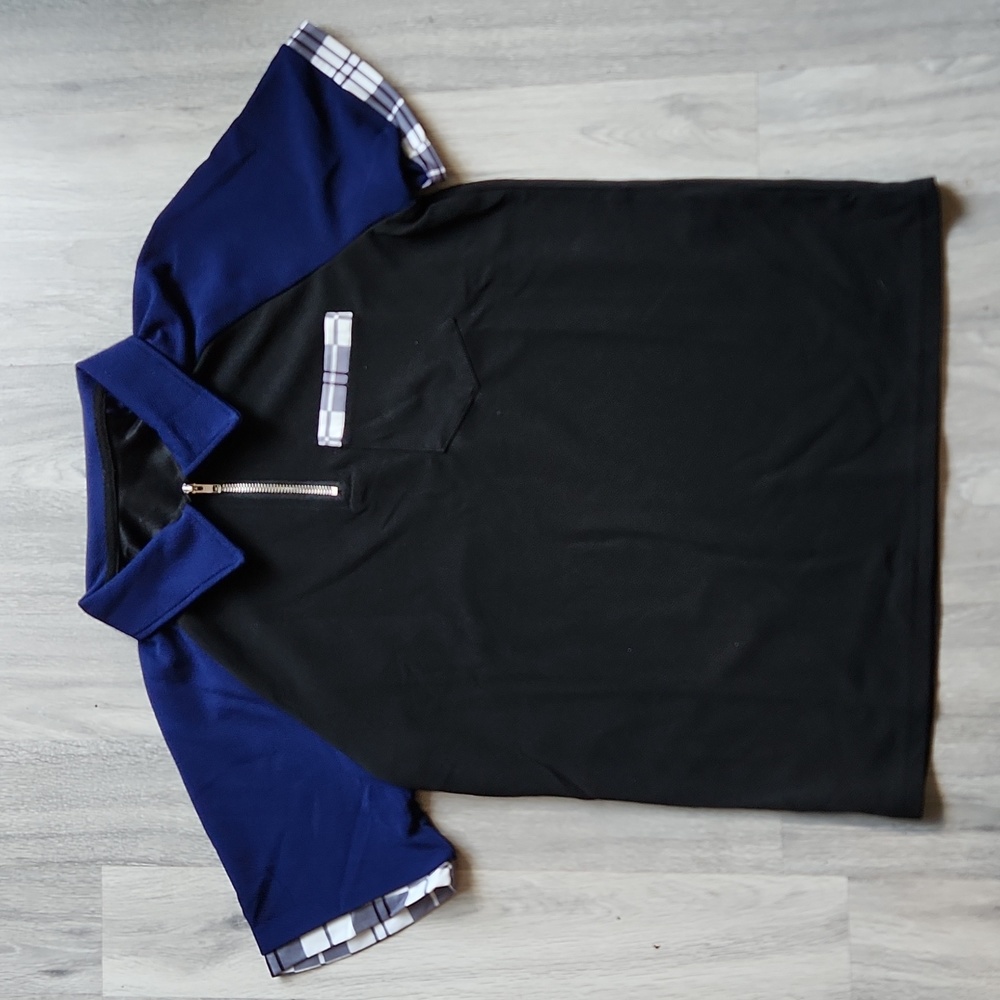 Men's Zip Polo Shirtblack blue plaid Size small